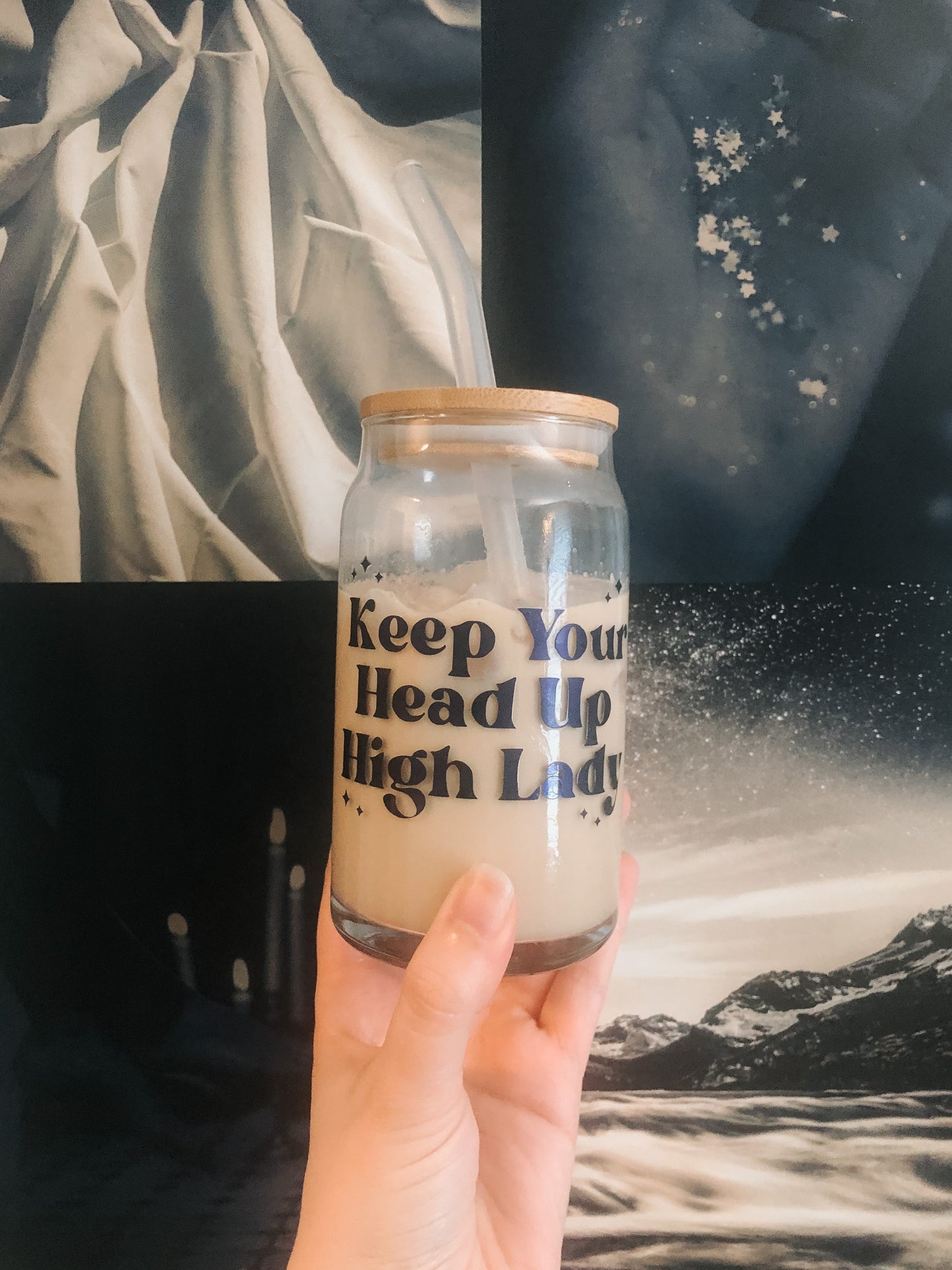 ACOTAR Inspired "Keep Your Head Up High Lady" 16oz Beer Can Glass with Lid & Straw